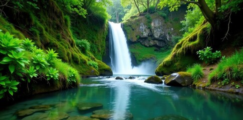 Lush greenery surrounds serene waterfall cascading into crystal clear stream, tasmania, foliage