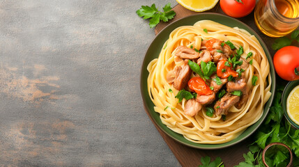 Pasta Linguine with Fried Chicken Liver – Top View – Gourmet Italian Cuisine and Comfort Food Concept