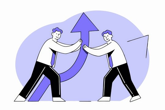 Two individuals work together, pushing in opposite directions against a rising arrow, symbolizing teamwork and collaboration for success.