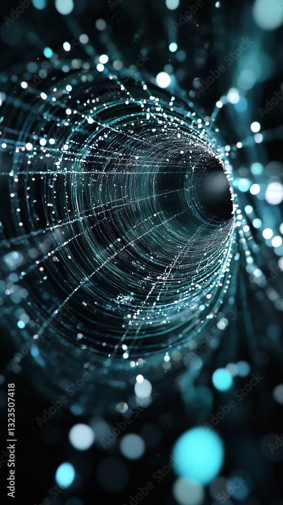 Aufkleber a spiraling tunnel of interconnected glowing particles in blue and teal forms a mesmerizing digital 