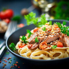 Pasta Linguine with Fried Chicken Liver – Top View – Gourmet Italian Cuisine and Comfort Food Concept