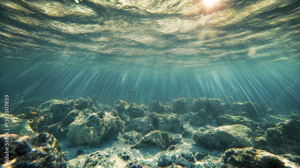 Poster a crystal-clear underwater scene with sunlight filtering through