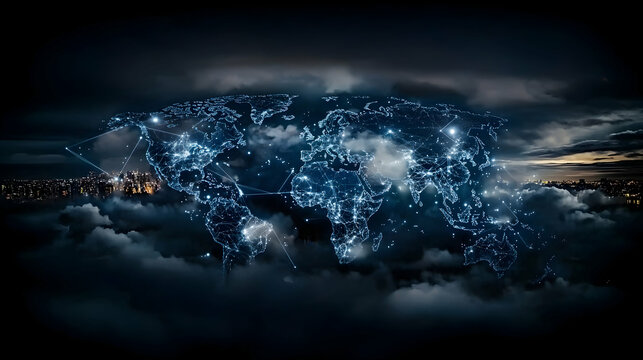 World map lit up with connected network connections through the sky - Powered by Adobe