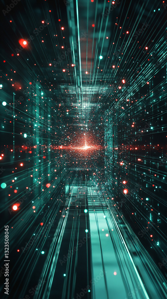 Poster a glowing tunnel of teal and red lights extends infinitely converging at a radiant center creating a