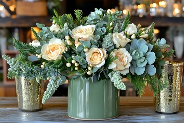 An arrangement of roses greenery and other decorative flowers displayed beautifully