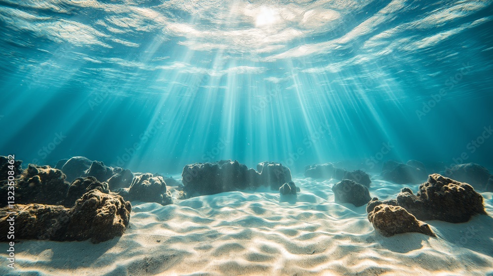 Poster a crystal-clear underwater scene with sunlight filtering through