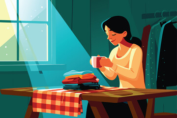 A serene woman, elegantly dressed, sits by a window, contentedly sipping tea from a delicate china cup while meticulously folding freshly laundered laundry.