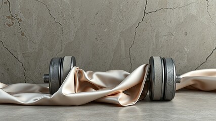 Concrete Dumbbell on Silk, Earthy Tones, Reflection