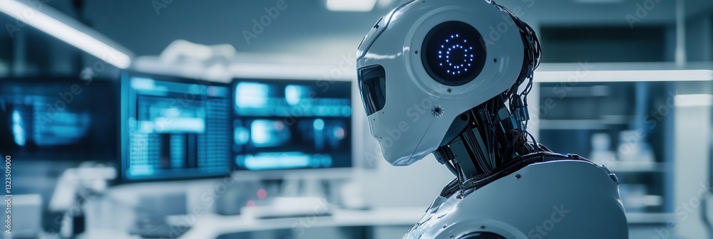 Fototapete high-tech robot stands in modern laboratory surrounded by computer screens and blinking lights
