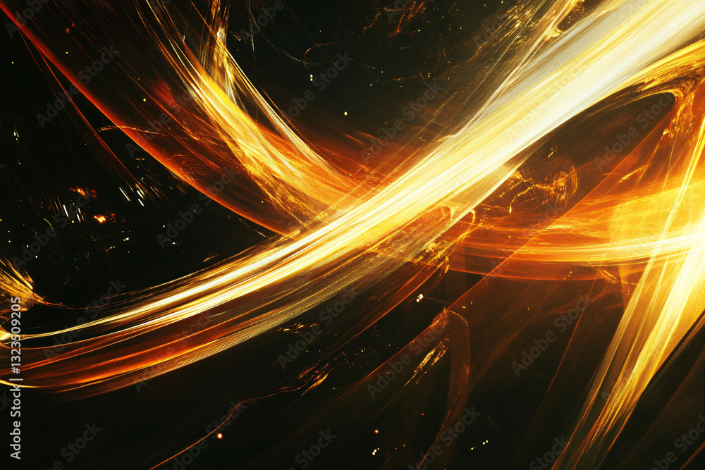 Poster dramatic black background with orange and yellow lines creating abstract light streaks for a strikin