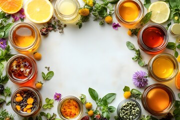 Variety of Herbal and Citrus Teas in Jars with Fresh Herbal and Fruity Accents Perfect for Wellness and Design Use