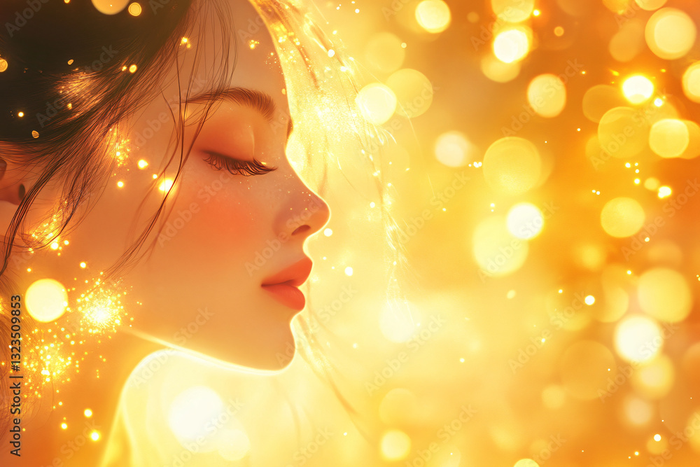 Poster captivating portrait of a woman against a bright background enhanced by abstract blurred lights and 
