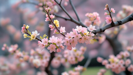 Blooming cherry blossom tree, featuring clusters of soft pink flowers