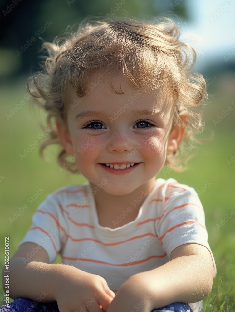 Poster smiling child enjoying the sunshine in a green park on a lovely day with bright sunlight illuminatin