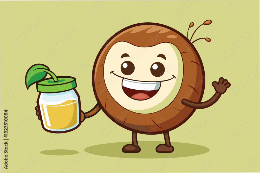 Poster Cheerful cartoon character holding a jar of juice surrounded by a light green background with a playful expression and friendly demeanor