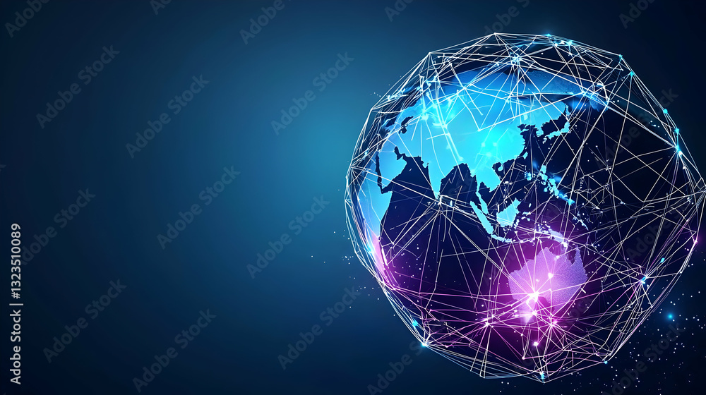 Poster abstract digital globe illustrating network connections on a dark blue background with illuminated p