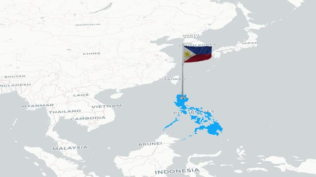 Philippines map animation. The Philippines flag flies majestically over a detailed map.
