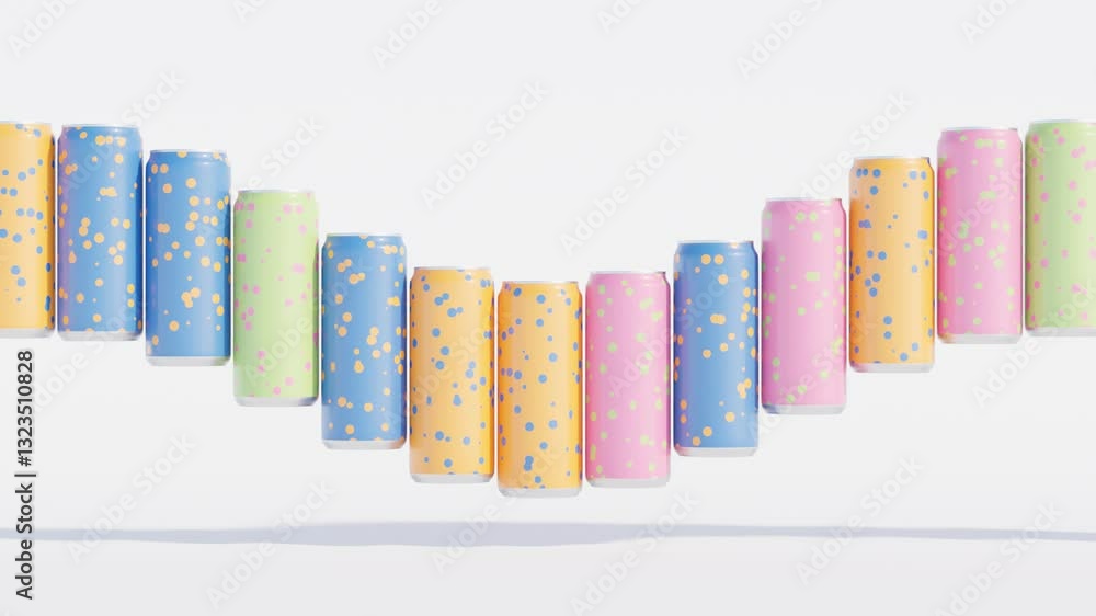 Poster vertical wave motion of soda cans in a linear formation – abstract 3d seamless loop animation for co