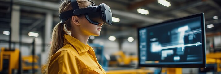 Female Engineer in VR Headset Reviews Digital Twin of Manufacturing Process in Factory