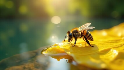 Naklejka premium A Honeybee on a Golden Petal Reflecting in Still Water at Sunset