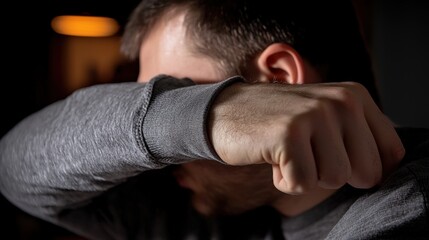 Close-Up of Man Hiding Face with Elbow in Dimly Lit Environment