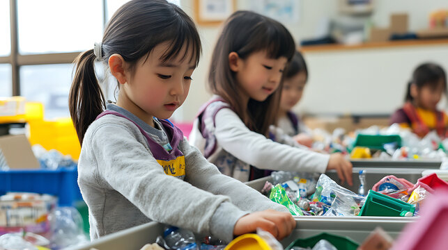 Preschool Children Sorting Recyclables in Classroom