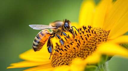 Bee on yellow flower on green background. Pollination. Macro.	