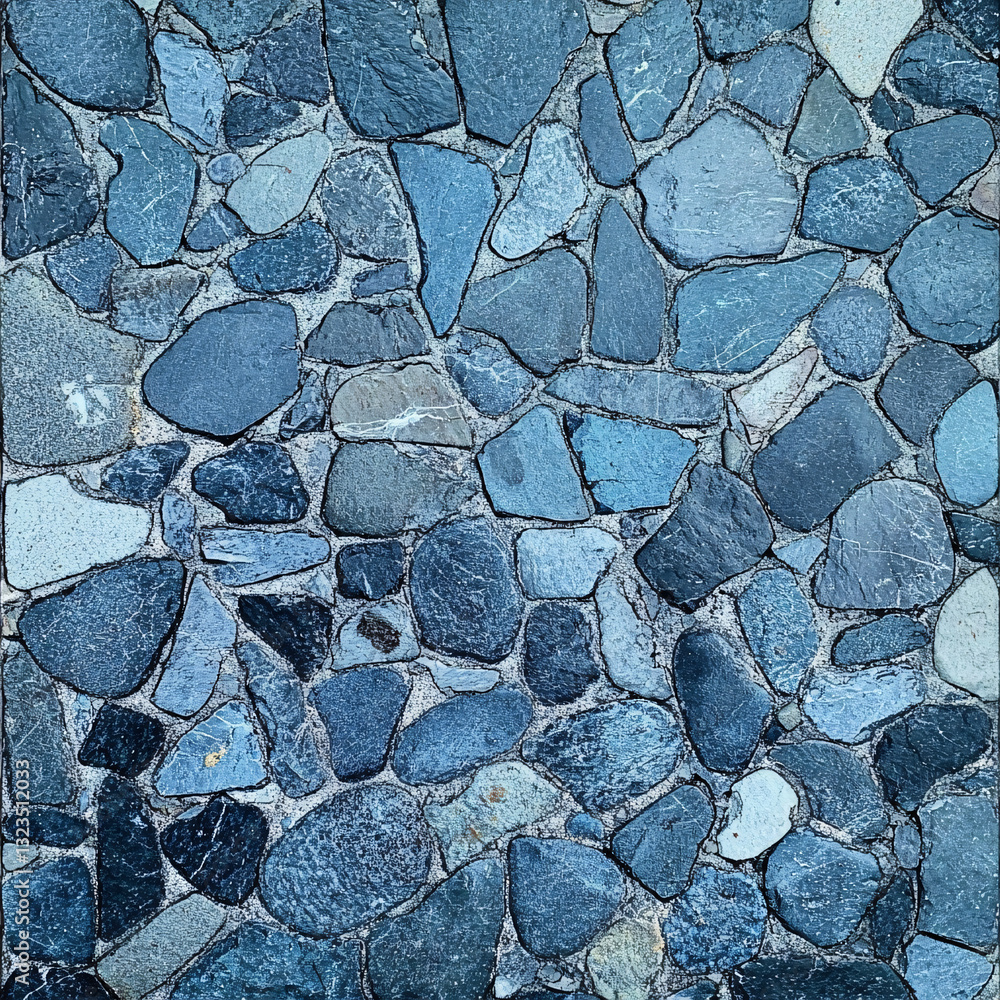 Poster a detailed blue stone mosaic pattern with irregularly shaped stones arranged in a unique textured de