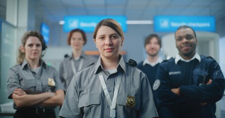 Security Checkpoint in International Airport: Portrait of Diverse Security Officers, Airport Staff...