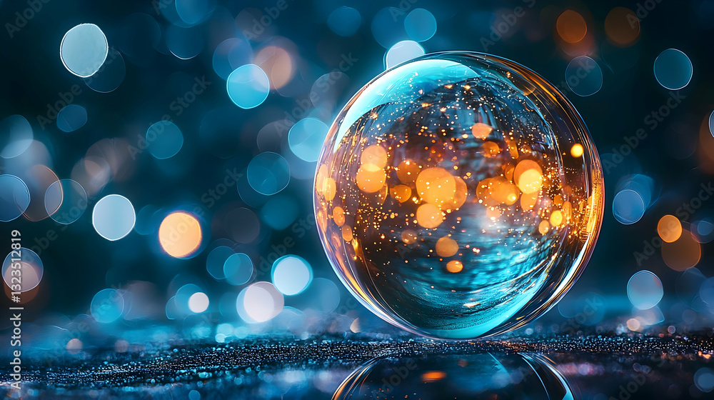 Poster illuminated sphere with blue and orange bokeh effect on reflective surface illustrating futuristic t
