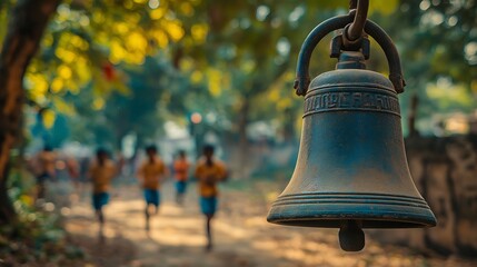 Obraz premium School bell ringing and children running in the rain in a rural village