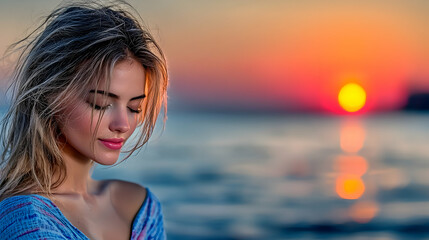 Naklejka premium Beautiful woman watches the sunset over calm ocean water