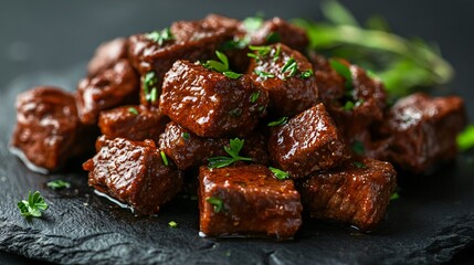 Macro shot of tender beef cubes coated in rich paprika sauce, with a sprinkle of fresh herbs, isolated on a neutral background