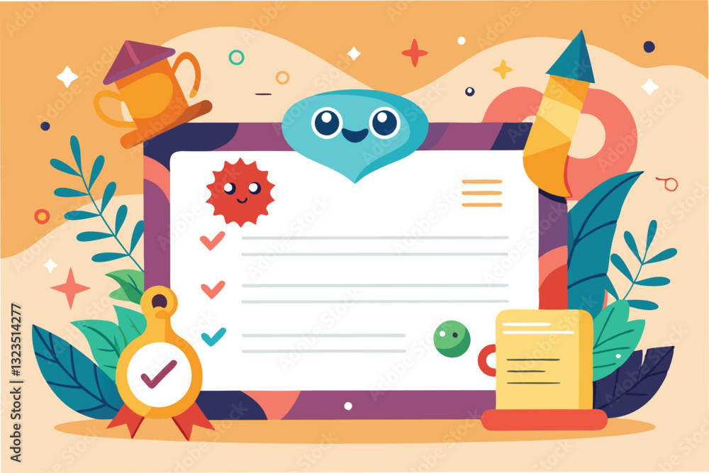 Poster Fun vector illustration of a cheerful certificate surrounded by playful characters and vibrant plants, creating a whimsical environment for learning and achievement