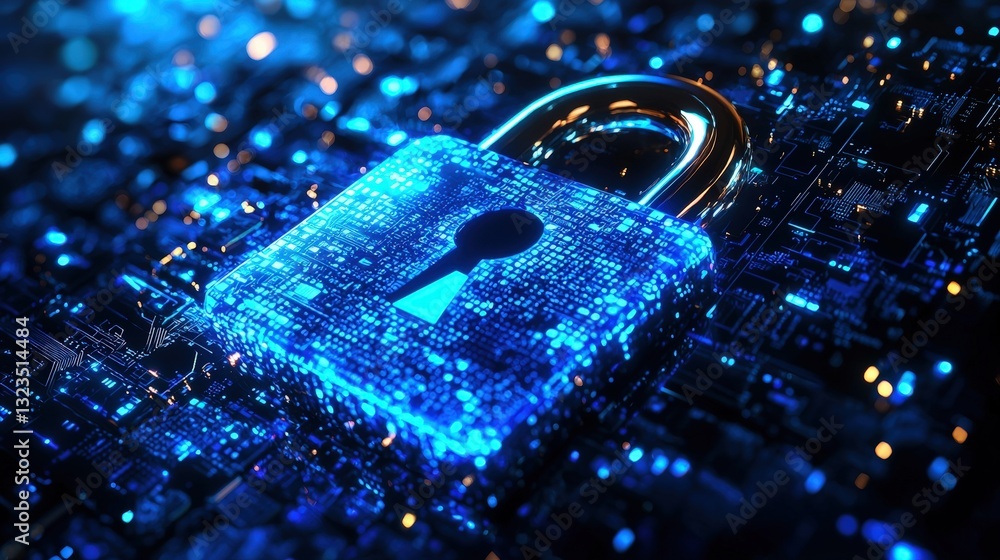 Poster padlock placed on a circuit board symbolizing data encryption and network security measures