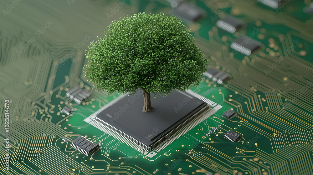 Poster green tree growing from computer processor on circuit board illustrating digital technology environm