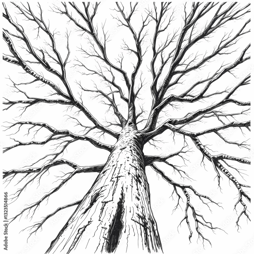 Poster abstract tree in ink: an artistic, perspective of a bare tree reaching skyward, with intricate netwo