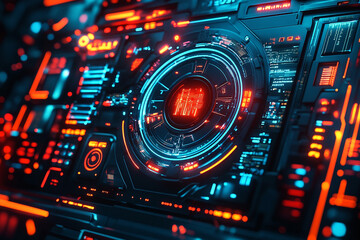 Obraz premium Abstract futuristic technology interface red blue neon lights dark panel screen system design modern