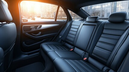 An elegant modern sedan interior with dark cloth seats, empty and clean, and isolated windows highlighting the spaciousness 