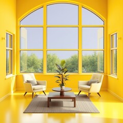 Fototapeta premium Bright Yellow Room with Large Windows and Cozy Seating