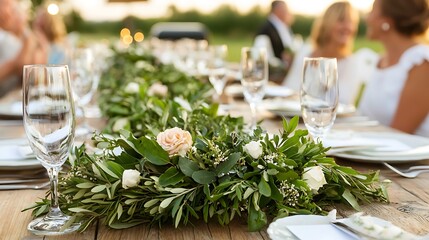 Elegant dinner party arrangement with floral decor outdoor venue table setting afternoon sun celebration theme