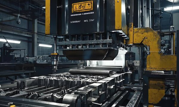 powerful industrial press stamping heavy metal components with immense force, shaping raw materials into precision-engineered mechanical parts