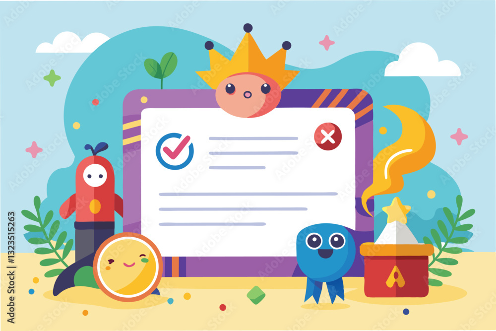 Poster Fun vector illustration of a cheerful certificate surrounded by playful characters and vibrant plants, creating a whimsical environment for learning and achievement