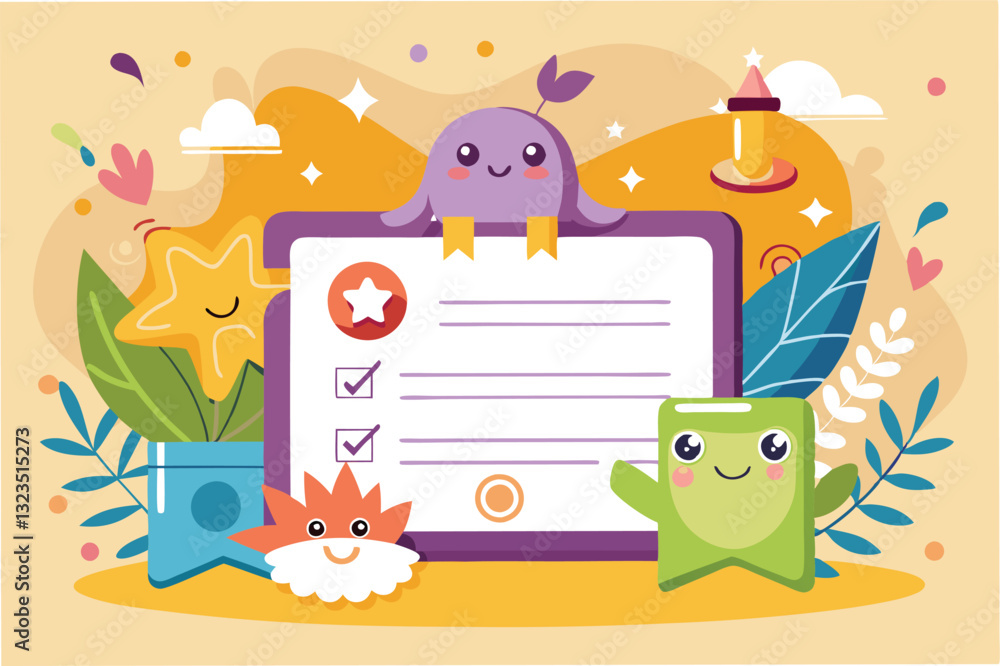 Poster Fun vector illustration of a cheerful certificate surrounded by playful characters and vibrant plants, creating a whimsical environment for learning and achievement