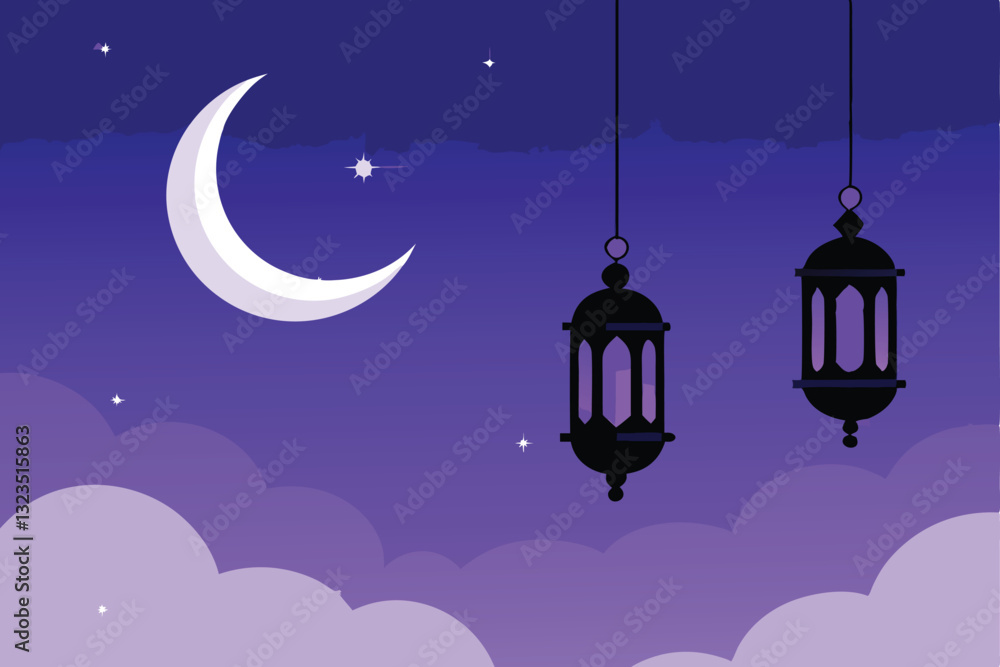 Poster create a minimalist vector illustration featuring a crescent moon and a hanging lantern, emphasizing