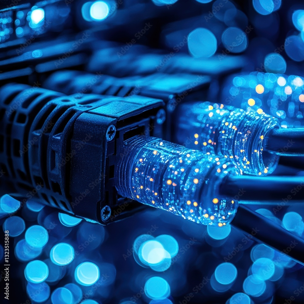 Poster close-up of a cable with blue lights creating a futuristic and technological visual effect