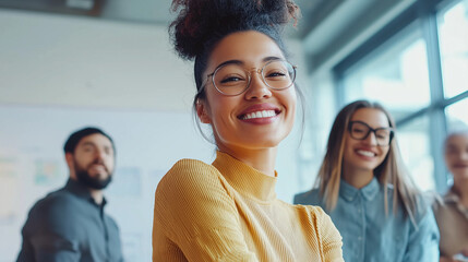 Confident Gen Z Woman Leading a Team in Modern Office, Brainstorming with Sticky Notes on Whiteboard, Collaboration and Innovation at Work, Casual Style.
