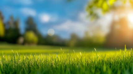 World Environment Day Concept: Green Grass and Blue Sky Abstract Background with Bokeh – Nature, Ecology, and Sustainability Theme