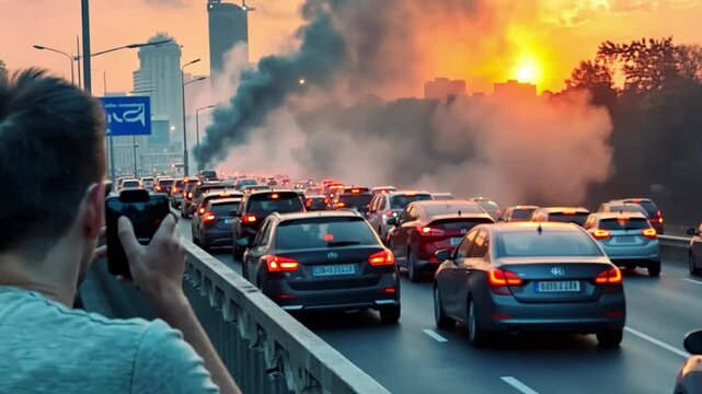 Gridlock Sunset: A congested highway, filled with vehicles, is set against a dramatic sunset, with smoke rising in the distance and a person capturing the scene with their device.