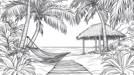 Tropical beach hammock relaxation; ocean view; boardwalk path to hut